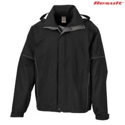 A black technical jacket with a hood and grey accents, featuring a logo on the upper right side.