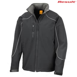 A black softshell jacket with contrasting white piping and a high collar. It features zippered pockets and a logo.