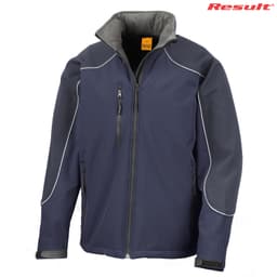 A navy blue softshell jacket with grey accents and a zippered front, featuring a logo on the top right.