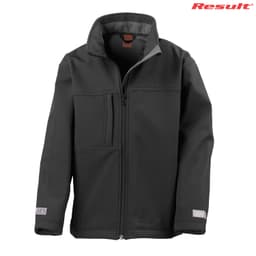 A black youth classic softshell jacket with a zip front, pockets, and a branded logo.