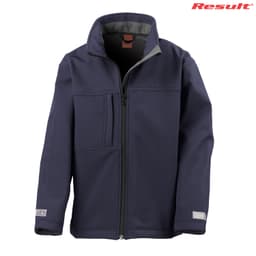A navy blue youth classic softshell jacket with a zip front, pockets, and a logo on the collar.