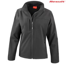 A ladies' classic softshell jacket in black, featuring a zippered front and a logo on the upper right.