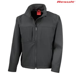 A soft shell jacket in black with a zip front and multiple pockets, featuring a logo on the upper right.
