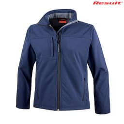 A navy soft shell jacket for adults with a zip front and pockets. Includes a branding logo.