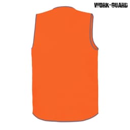 An orange safety vest featuring reflective trim, designed for high visibility and labelled with a branding logo.