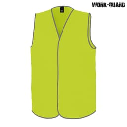A high visibility youth safety vest in bright yellow with grey trim. Features a vest style with no sleeves and a logo.