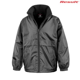 A grey Youth Core Dri-Warm & Lite Jacket featuring a zip front, elastic cuffs, and a collar. Includes a logo.