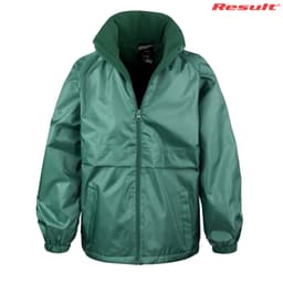 A green youth jacket with a high collar, featuring a zip closure and elasticised cuffs. It has a logo on it.