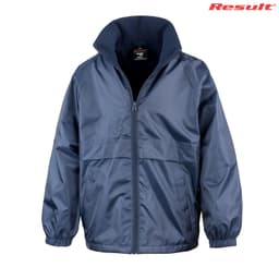A navy blue Youth Core Dri-Warm & Lite Jacket with a zip front and elasticated sleeves. It features a logo.