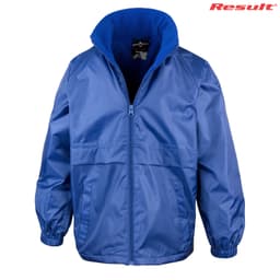 A blue Youth Core Dri-Warm & Lite Jacket with a zip front and elastic cuffs, featuring a collar and a branding logo.