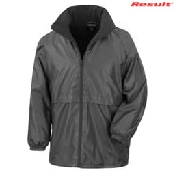 A grey rain jacket with a zip front, elastic cuffs, and a high collar. It features a logo.