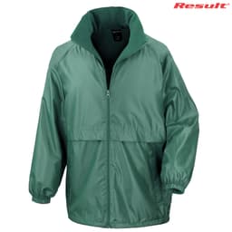 A green rain jacket with a zippered front and elastic cuffs, featuring a collar and a branding logo.