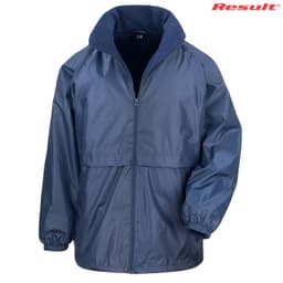 A navy blue Adult Core Dri-Warm & Lite Jacket with a zip front and a collar. The jacket has elastic cuffs and a logo.