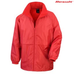 A red jacket with a zip front, featuring a soft collar and elastic cuffs, and has a logo on it.