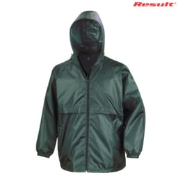 A green windcheater jacket with a hood, featuring elastic cuffs and a logo on the upper right.