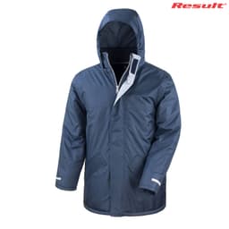 A navy blue winter parka jacket with a hood and a logo, featuring a zip closure and side pockets.