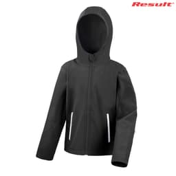 A black youth softshell jacket with a hood and white zippered pockets, featuring a logo on the upper right.