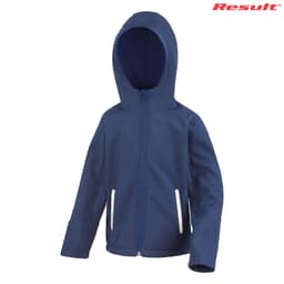 A navy blue softshell jacket with a hood, featuring zippered pockets and a branding logo.