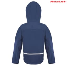A navy blue Youth TX Performance Softshell Jacket with a hood and reflective detailing at the back. It features a logo.