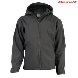 A black softshell jacket with a hood and a zippered front. The jacket features a logo.