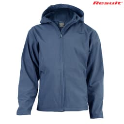A navy ladies softshell jacket with a hood, featuring a full front zipper and long sleeves. It has a logo on the upper corner.