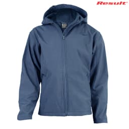 An adult navy softshell jacket with a hood and zipper front, featuring a logo. Ideal for various outdoor activities.