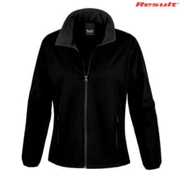 A black ladies' softshell jacket featuring a zip front and two side pockets. It has a branded logo on top.