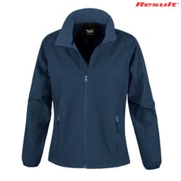 A ladies' softshell jacket in navy blue with a full zip and two front pockets, featuring a logo on the upper right.