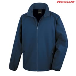 A navy softshell jacket with a full zip, side pockets, and a collar, featuring a logo on the upper right.