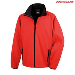 A red softshell jacket with a black collar and zippered pockets, featuring a branding logo.