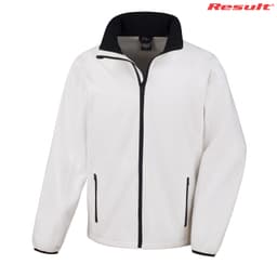 A white softshell jacket with a black collar and zipper, featuring side pockets and a logo.