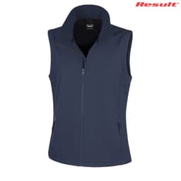 A navy softshell vest featuring a zip front and side pockets, with a logo on the upper right.