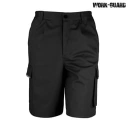 Black work shorts with cargo pockets and a branded logo. Suitable for workwear applications.