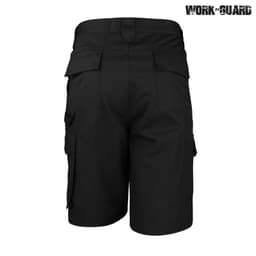 Black work shorts with multiple pockets and a logo, designed for durability and functionality.
