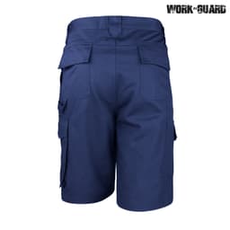 A pair of navy blue work shorts with multiple pockets and a branded logo on the top right corner.