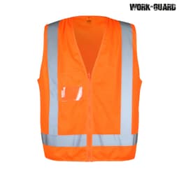 An orange high-visibility safety vest featuring reflective stripes and a pocket, with a logo on the upper left.