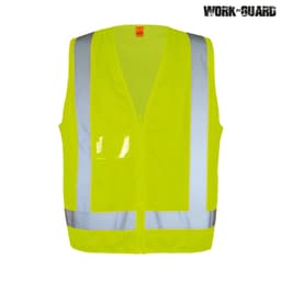 A bright yellow safety vest featuring reflective silver stripes and a front pocket. It has a branding logo.