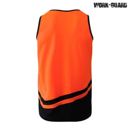 An orange and black work singlet with a stylish design and logo.