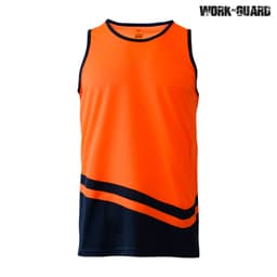 An orange and navy singlet with a curved design and a logo. Ideal for workwear use.