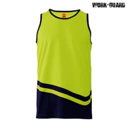 A bright yellow and navy work singlet with a curved design, featuring a logo on the upper right corner.