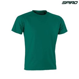 A teal green adult T-shirt featuring a crew neck and short sleeves, with a logo on the upper right corner.