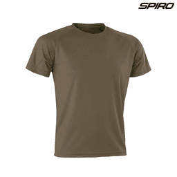 A green adult T-shirt featuring a crew neck and short sleeves, with a logo on the upper right.