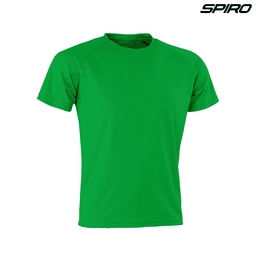 A green adult performance T-shirt featuring a crew neckline and short sleeves. It includes a logo.