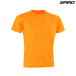 An orange performance T-shirt with short sleeves and a logo on the upper right.