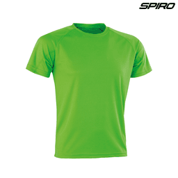 Bright green short-sleeve t-shirt with a logo, designed for performance and comfort.