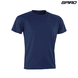 A navy blue short-sleeved t-shirt with a round neck and a logo on the upper right.