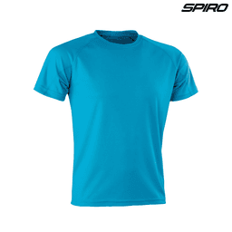 A bright turquoise adult T-shirt featuring a crew neck and short sleeves, with a logo on the top right corner.