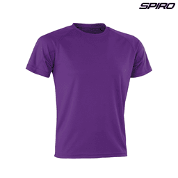 A purple t-shirt featuring short sleeves and a crew neck. The shirt has a logo on it.