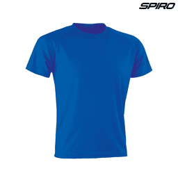A blue adult T-shirt with a crew neck and short sleeves, featuring a logo on the upper right.