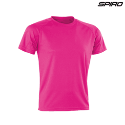 A pink adult performance T-shirt with short sleeves and a seamless design, featuring a logo in the corner.
